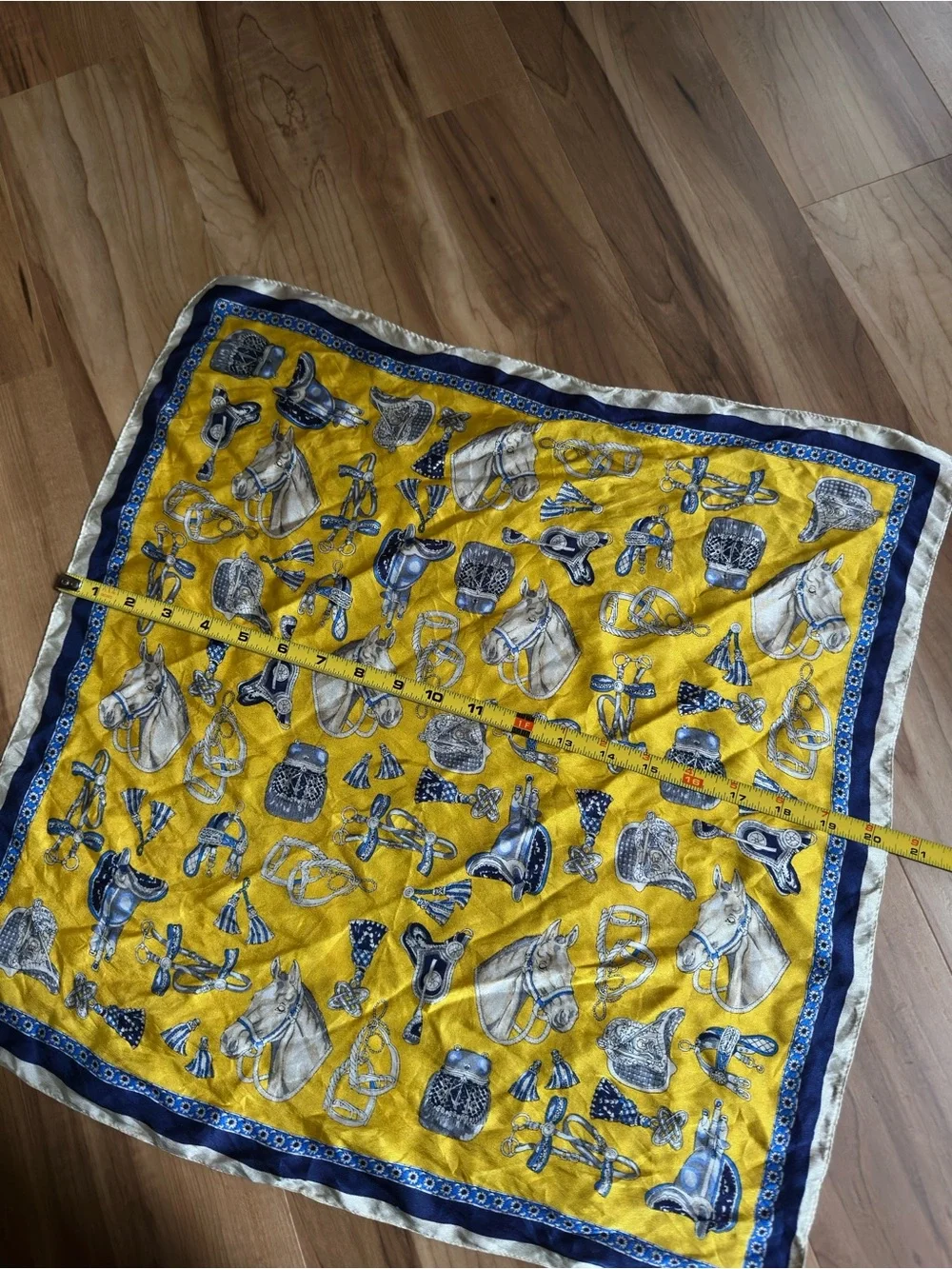 Vintage Yellow Equestrian Print 100% Silk Scarf Bandana